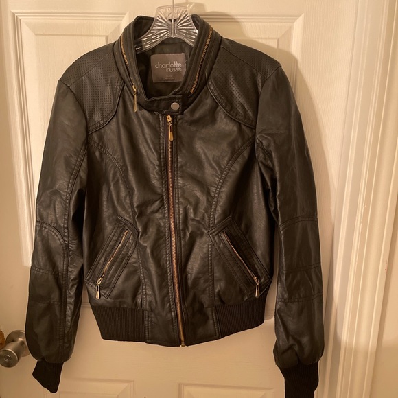 Charlotte Russe Jacket Women Large Black Moto Faux Leather Full Zip lined - Picture 1 of 5